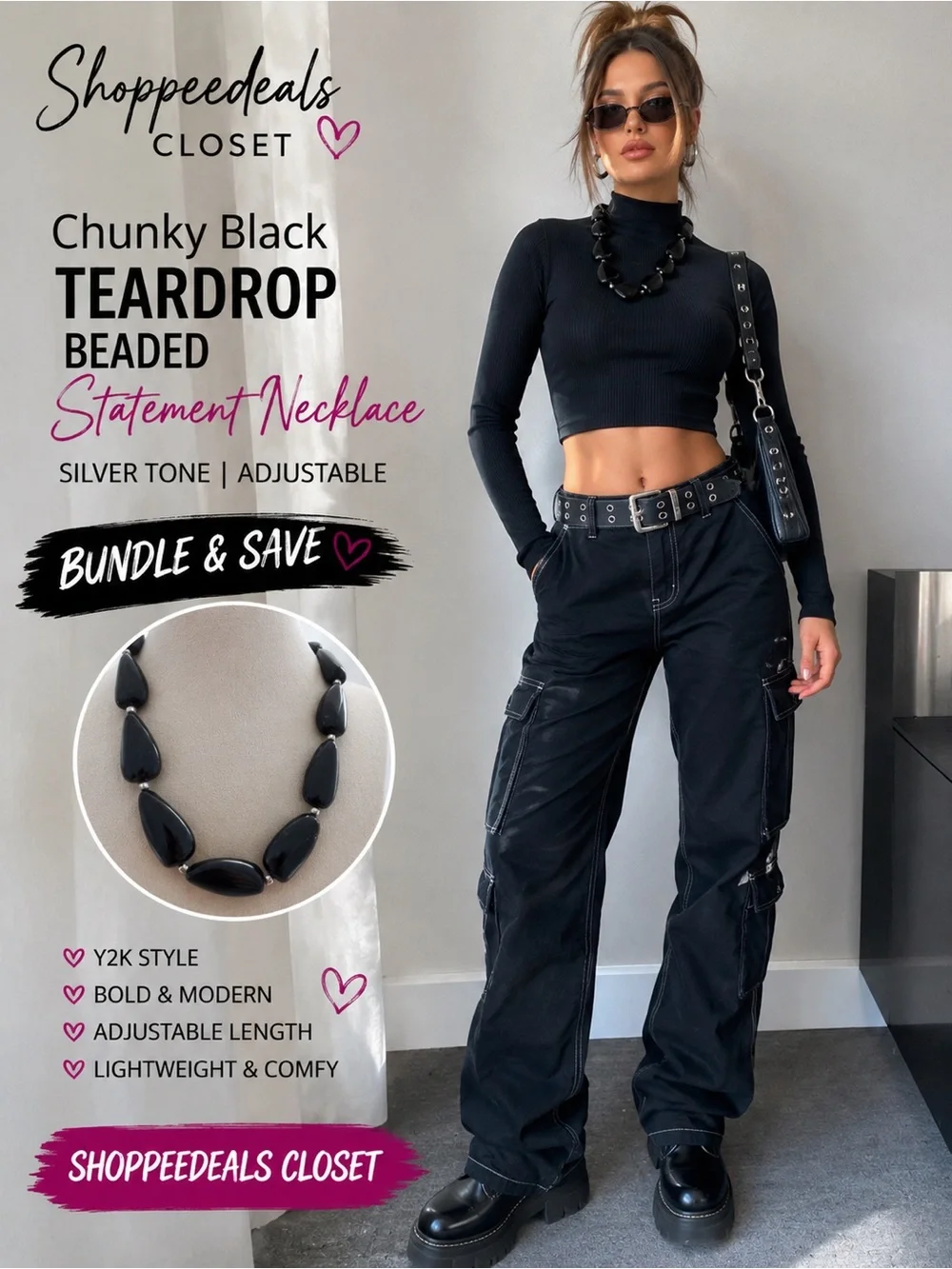 Chunky Black Teardrop Beaded Statement Necklace Silver Tone Adjustable